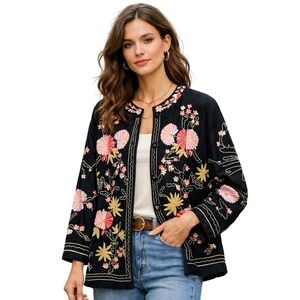 Bedford Fair Lifestyles Embroidered Cotton Flax Jacket Top Black Floral Sz LP